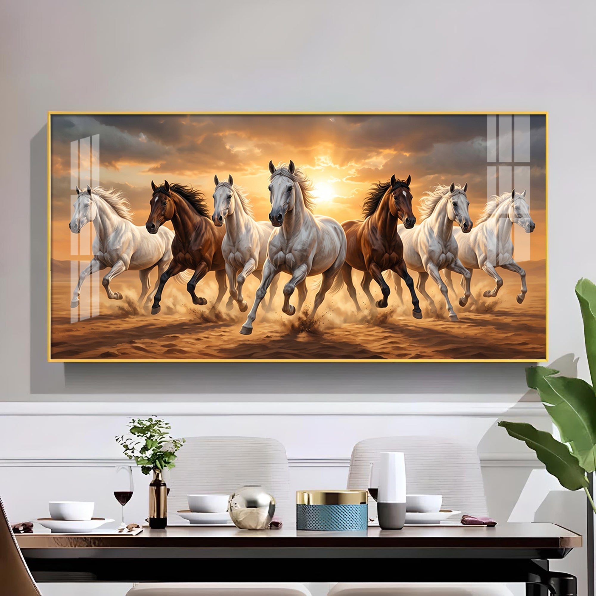 Running Horses In A Golden Sunset Glass Finish Horizontal Wall Art