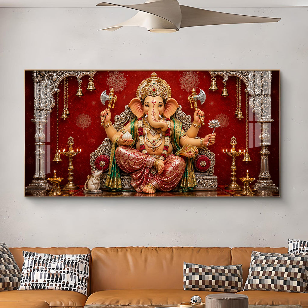 Hindu Devotional Ganpati Bappa Glass Finish Horizontal Wall Art