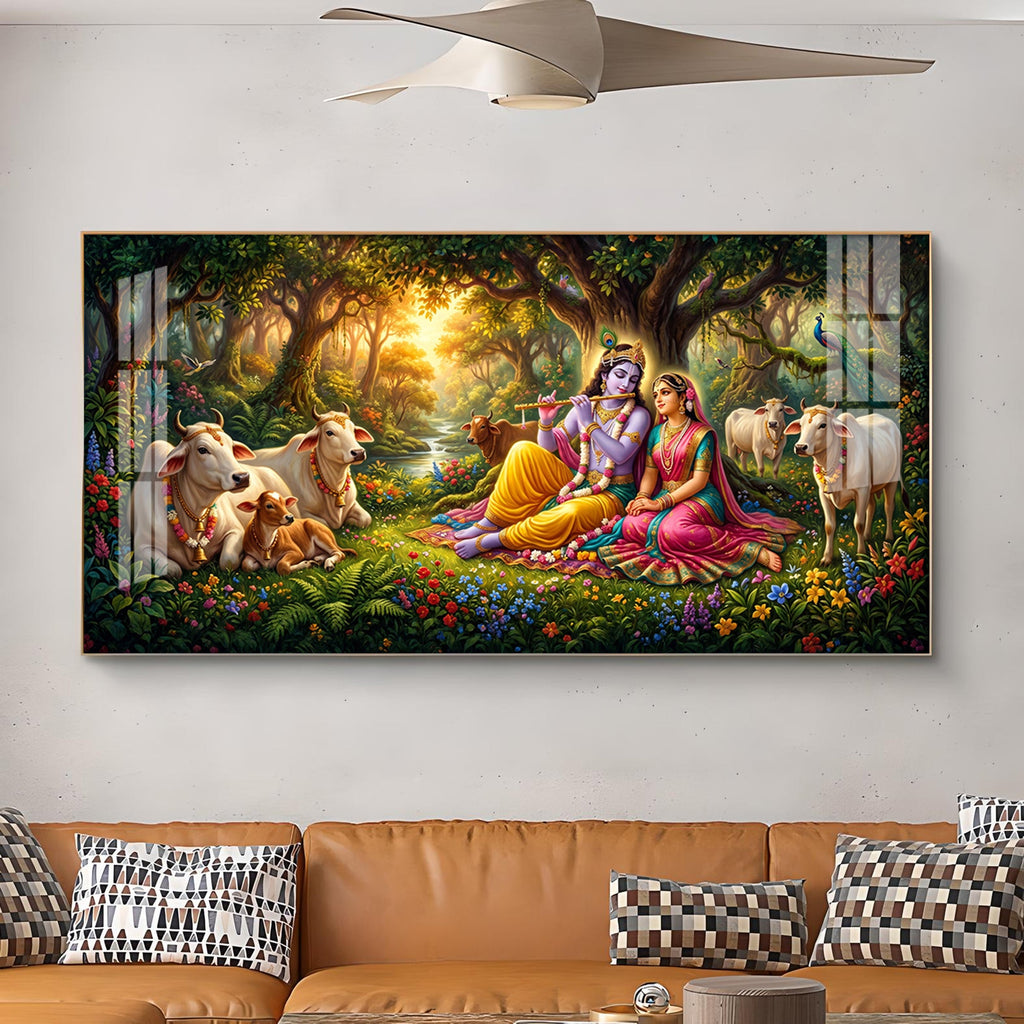 Radha and Krishna In Serene Forest Glass Finish Horizontal Wall Art