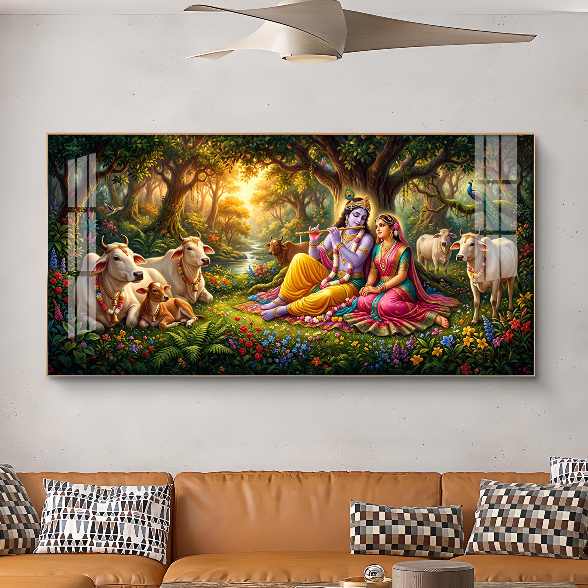 Radha and Krishna In Serene Forest Glass Finish Horizontal Wall Art