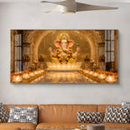 Lord Ganesha In A Golden Temple Glass Finish Horizontal Wall Art