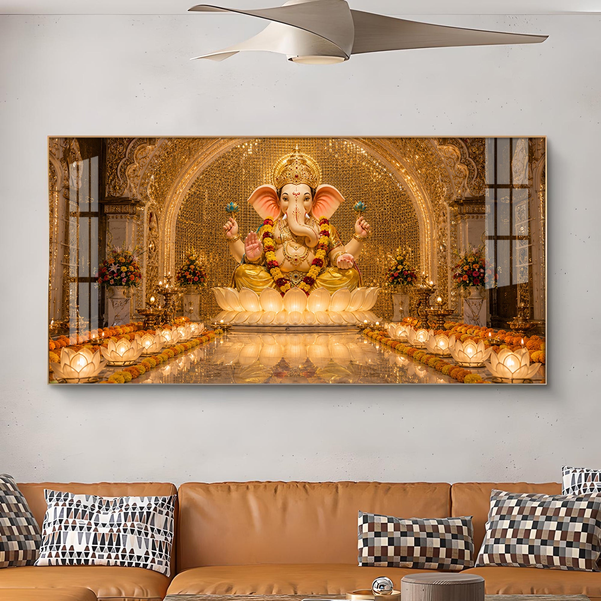 Lord Ganesha In A Golden Temple Glass Finish Horizontal Wall Art