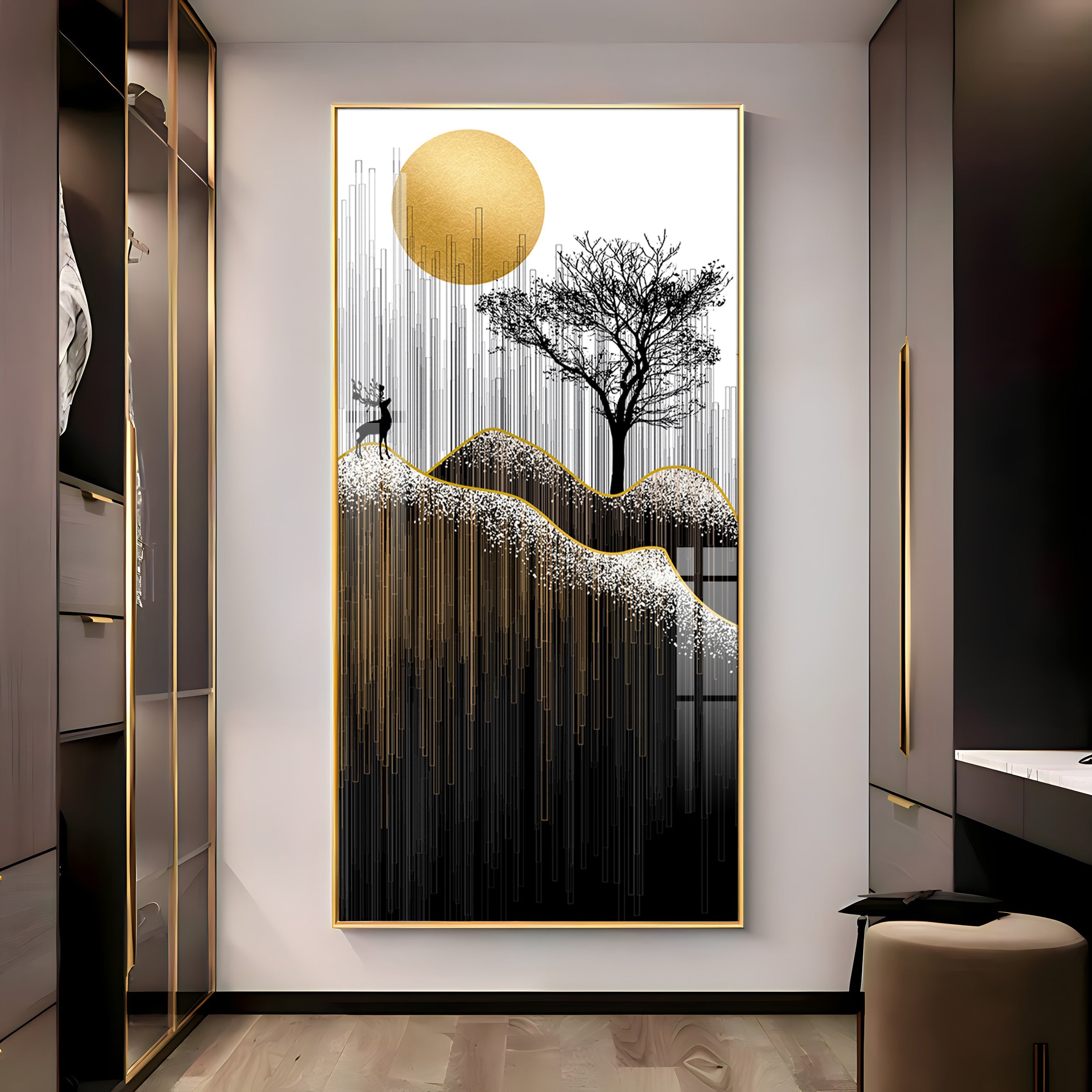 Gold Moon Stylized Black Tree Premium Acrylic Vertical Wall Art