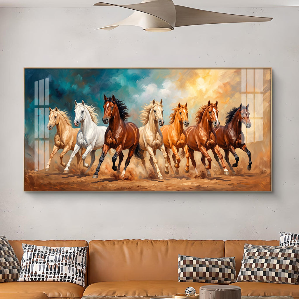 Running Horses Brown & White Glass Finish Horizontal Wall Art