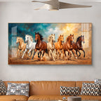 Running Horses Brown & White Glass Finish Horizontal Wall Art