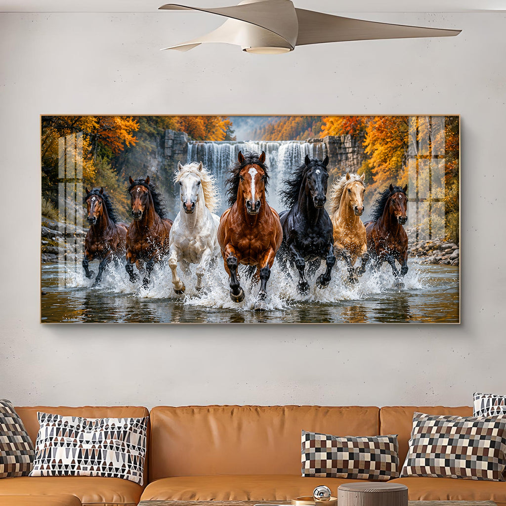 Seven-Horse Running Glass Finish Horizontal Wall Art