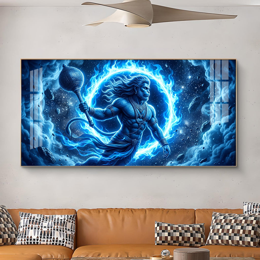Depicts Lord Hanuman Glass Finish Horizontal Wall Art
