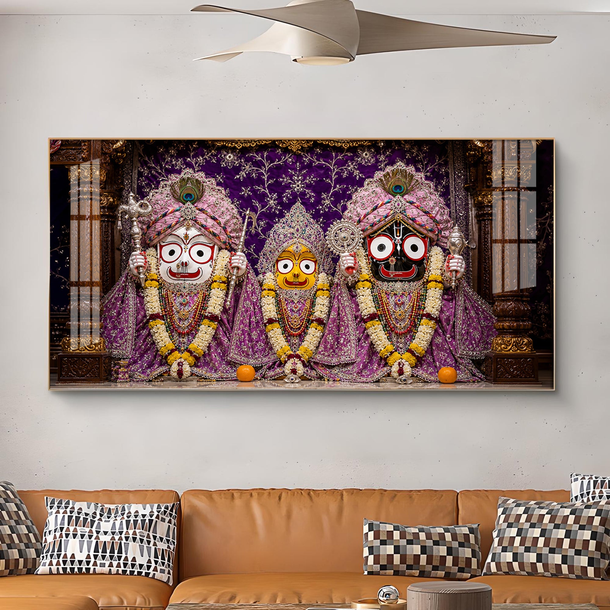 Hindu Deities Lord Jagannath, Subhadra & Balabhadra Glass Finish Horizontal Wall Art