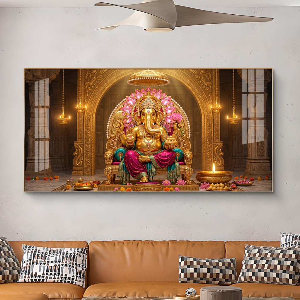 Hindu Lord Ganesha Glass Finish Horizontal Wall Art
