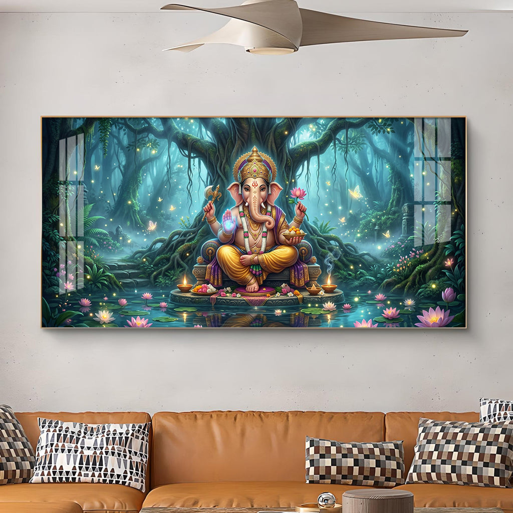 Lord Ganesh Divine Aura Glass Finish Horizontal Wall Art