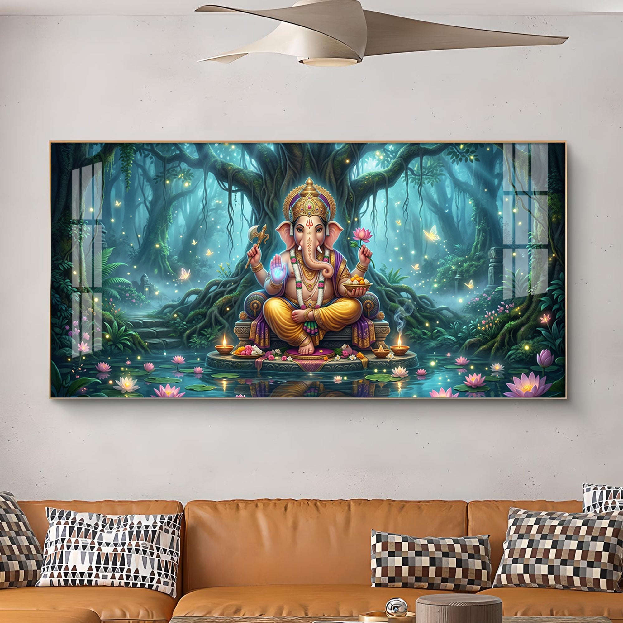 Lord Ganesh Divine Aura Glass Finish Horizontal Wall Art