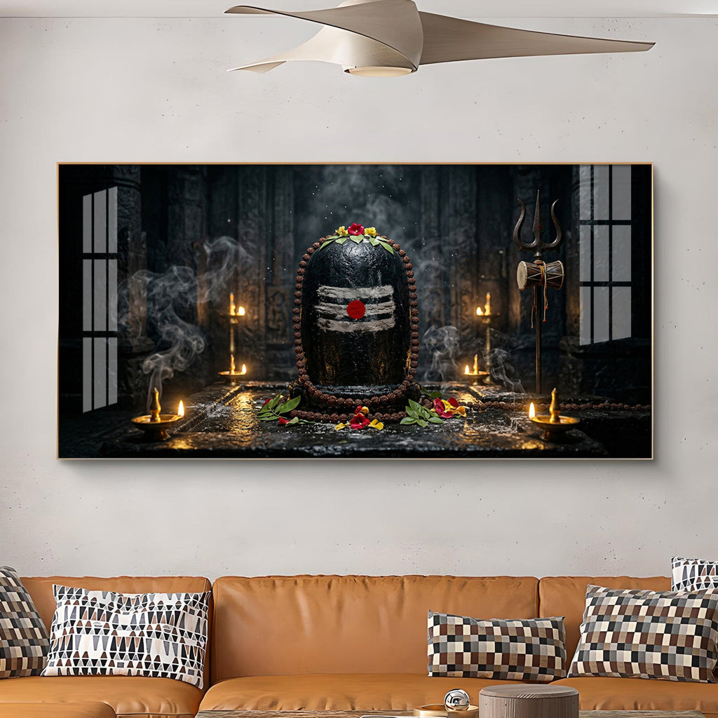 Mahadev Shivling Divine Aura Glass Finish Horizontal Wall Art