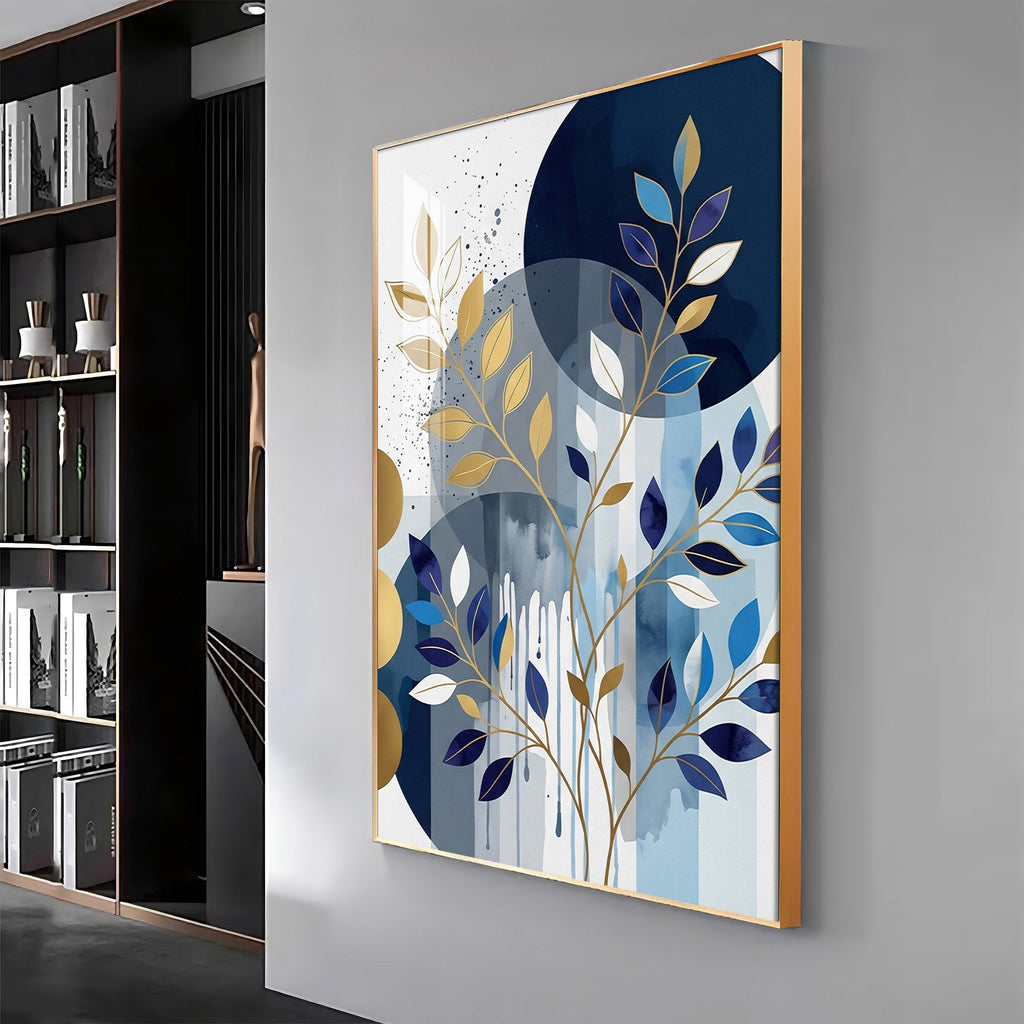 Colourfull Leaves Against Blue & Gold Circles Premium Acrylic Vertical Wall Art