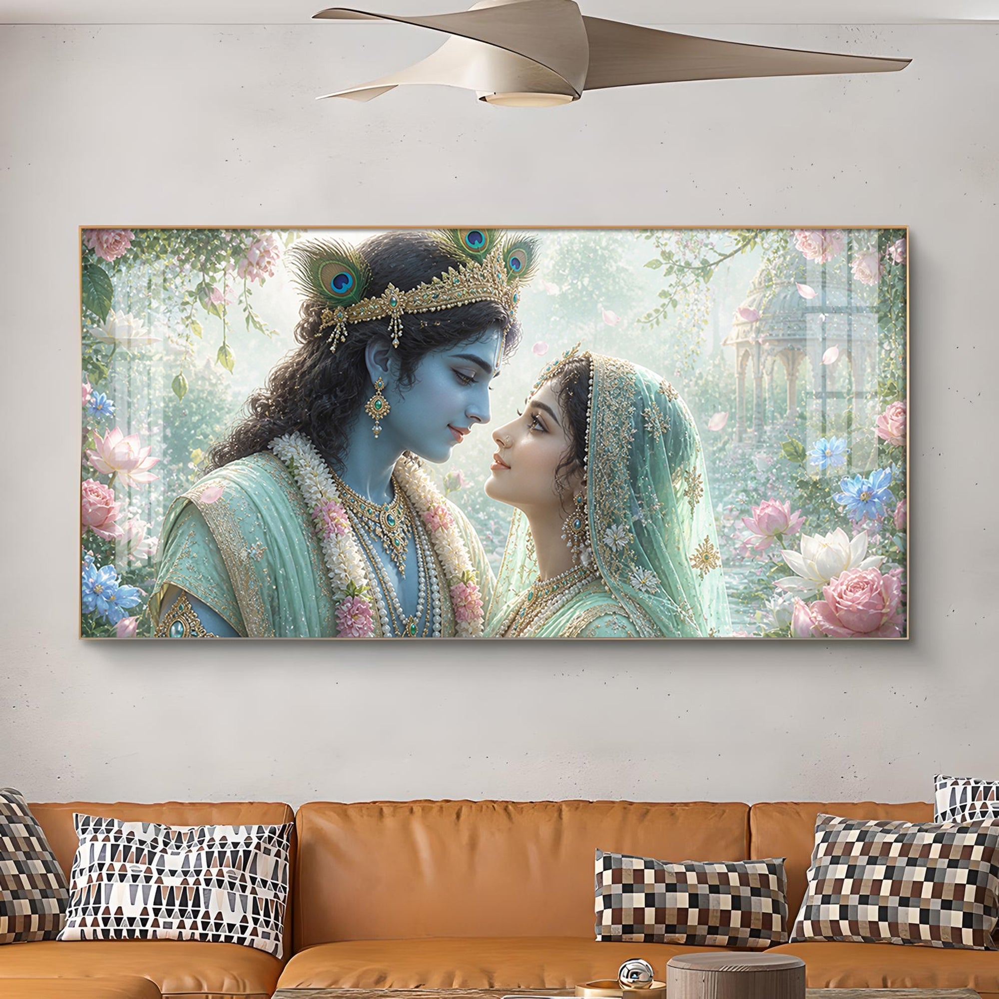God Radha Krishna Glass Finish Horizontal Wall Art