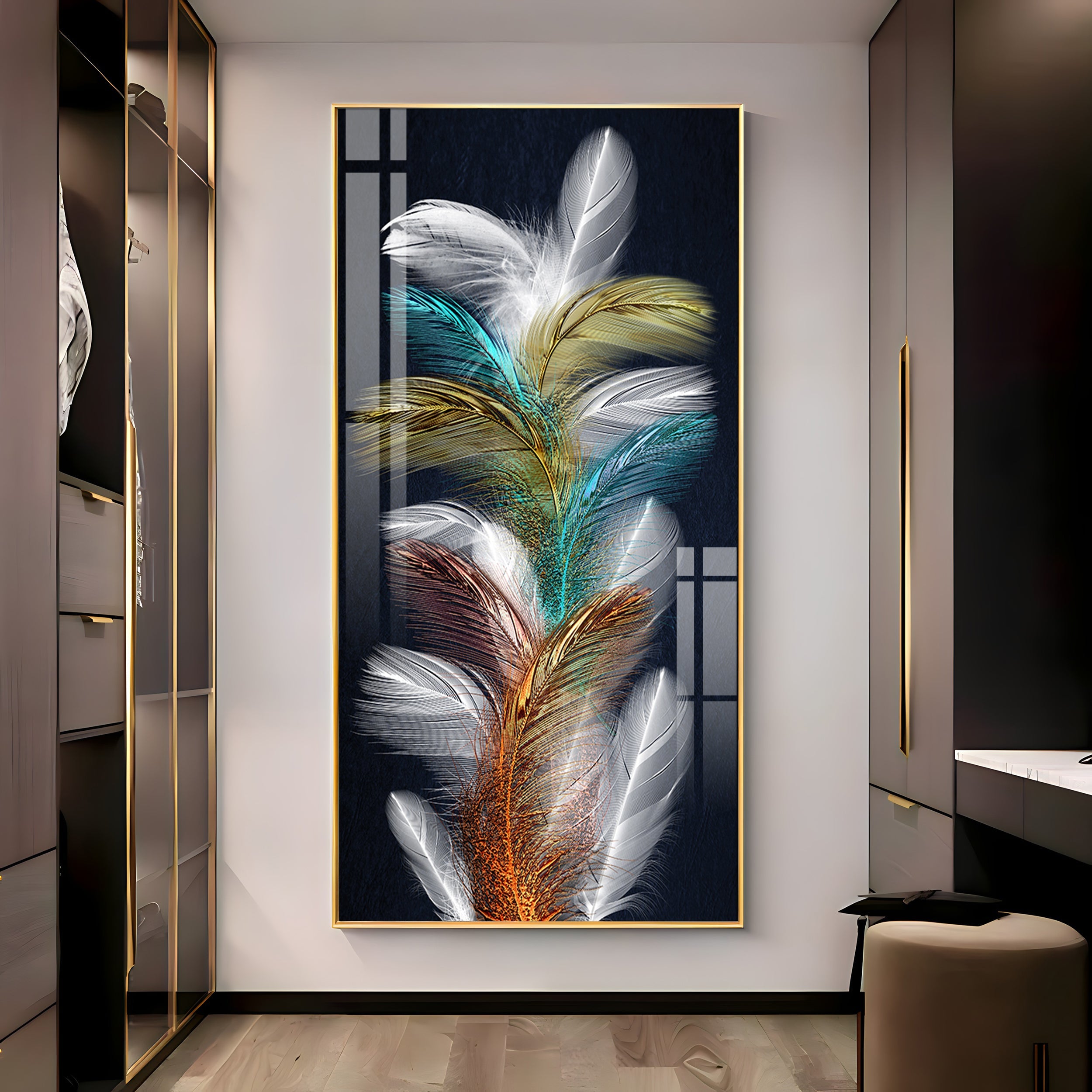 Sparkling Colorful Feather Premium Acrylic Vertical Wall Art
