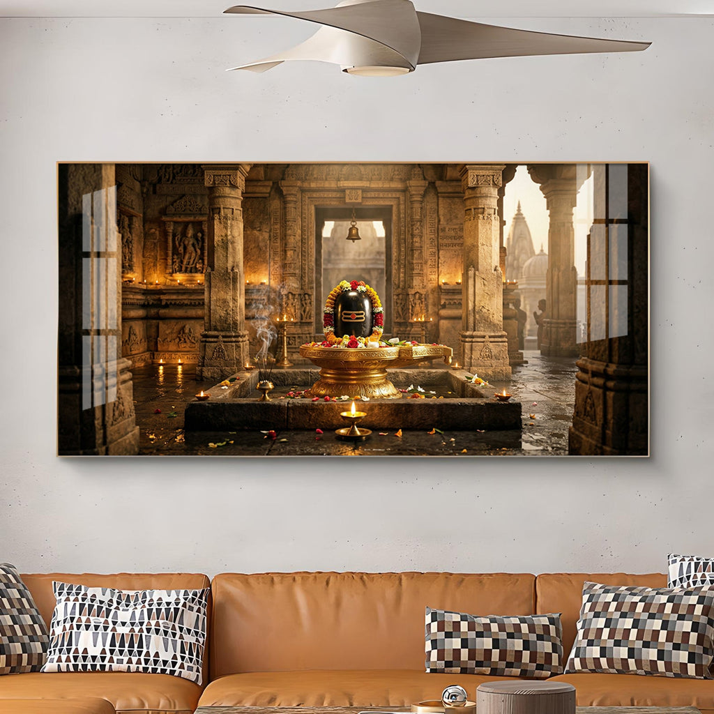 Shivling Temple Mystical Presence Glass Finish Horizontal Wall Art