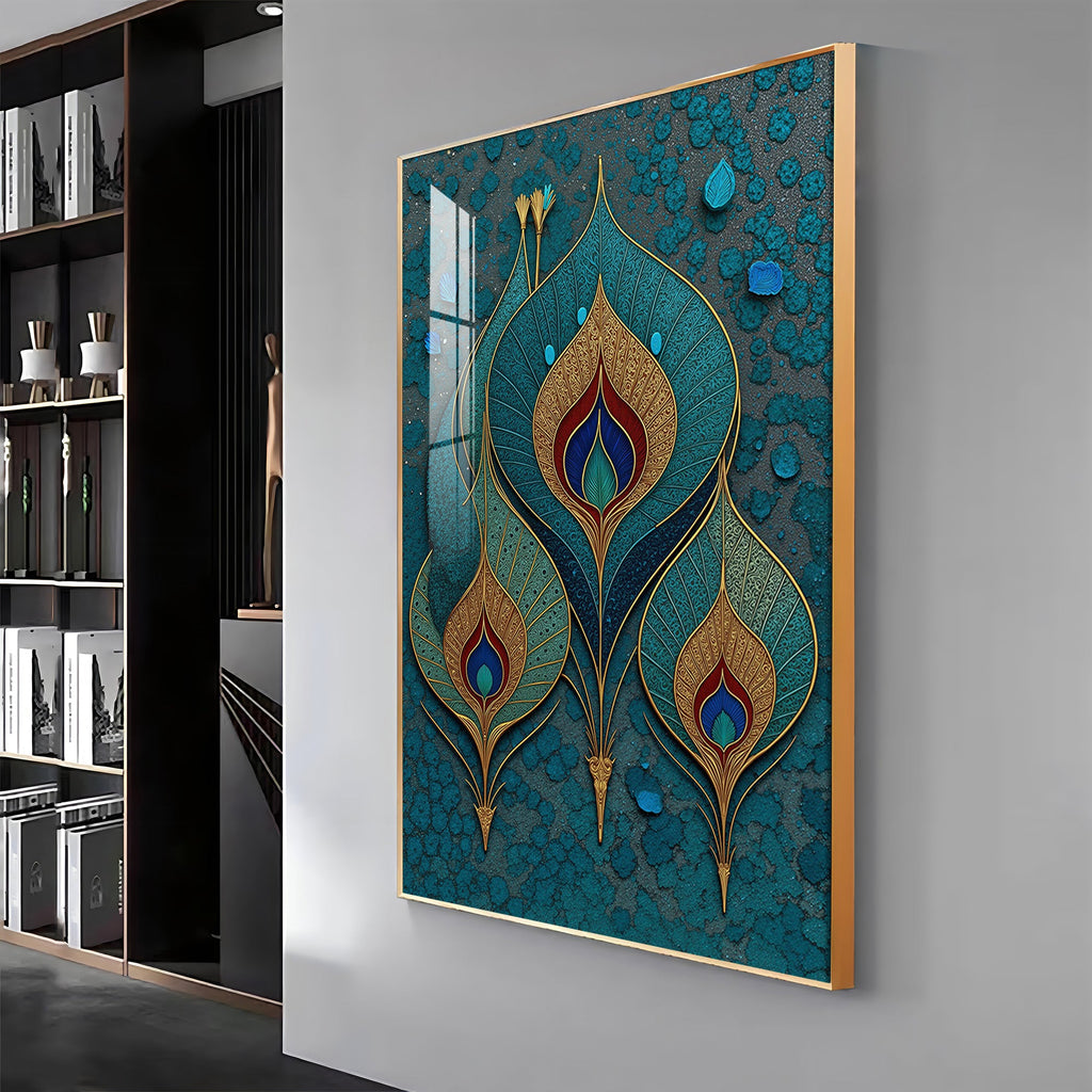 Three Ornate Peacock Feather Premium Acrylic Vertical Wall Art