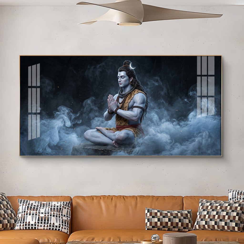 Lord Shiva In A Deep Meditative State Glass Finish Horizontal Wall Art