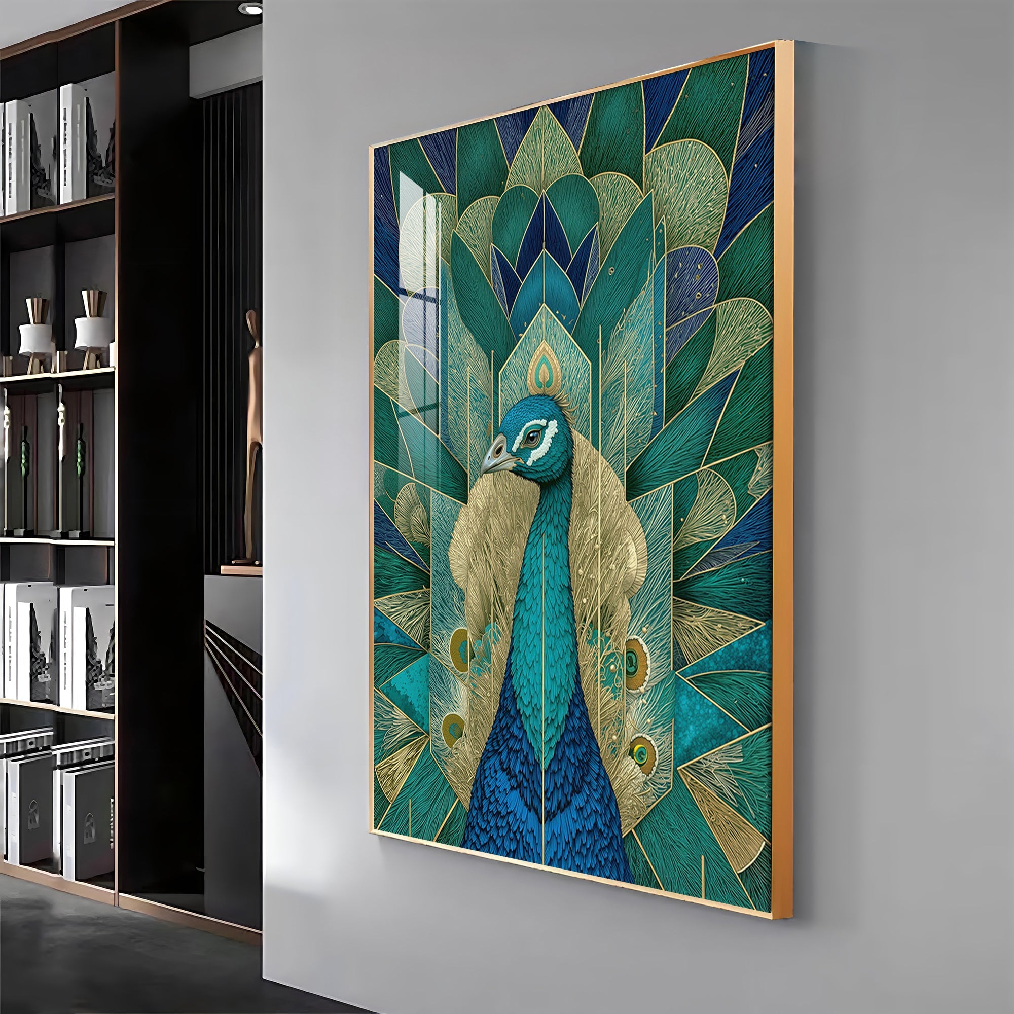 Elegant Teal Peacock Premium Acrylic Vertical Wall Art