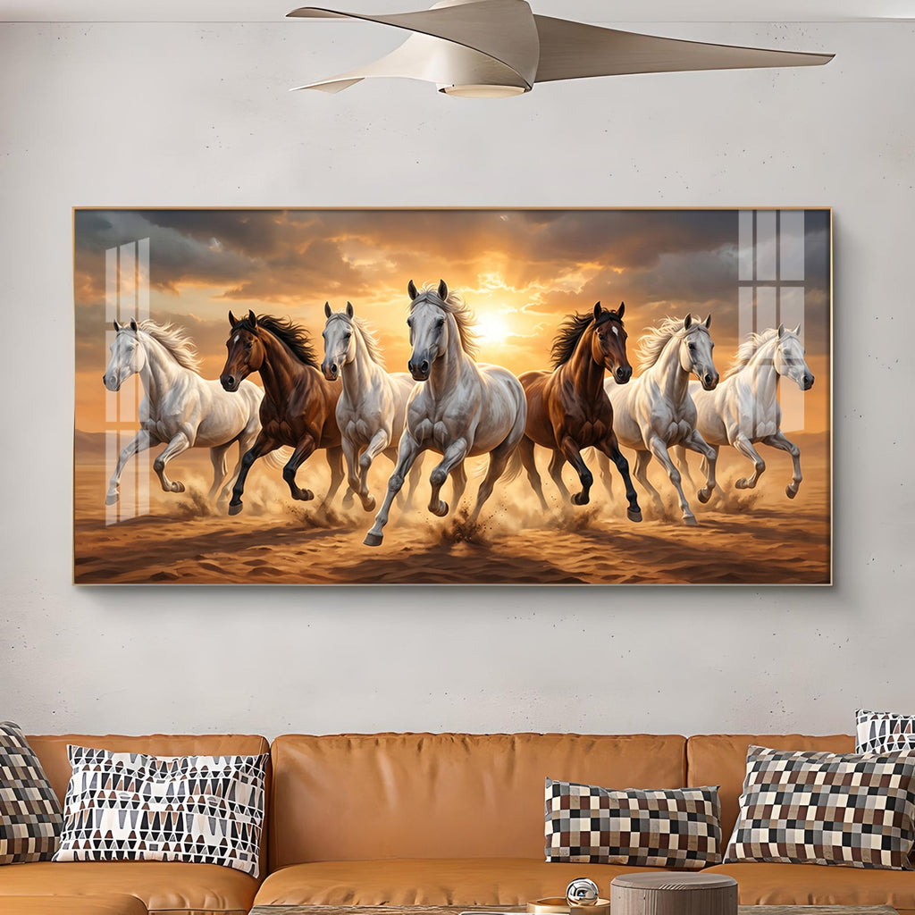 Running Horses In A Golden Sunset Glass Finish Horizontal Wall Art