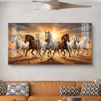 Running Horses In A Golden Sunset Glass Finish Horizontal Wall Art