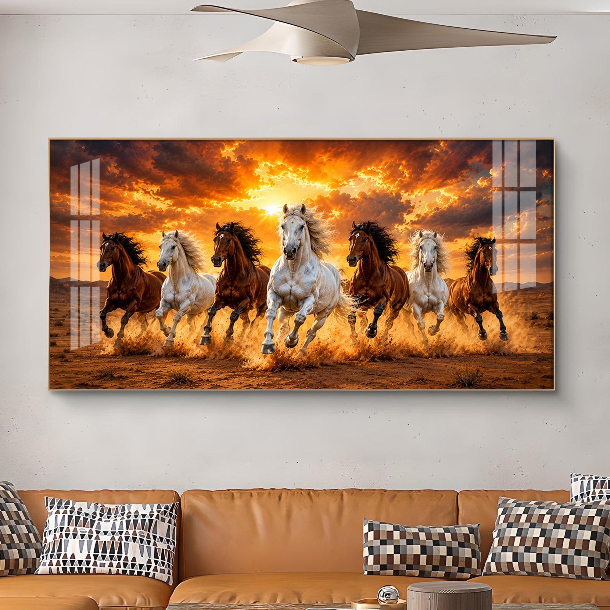 7 Running Horses Glass Finish Horizontal Wall Art
