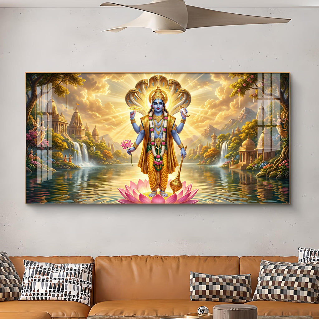 Lord Vishnu Glass Finish Horizontal Wall Art