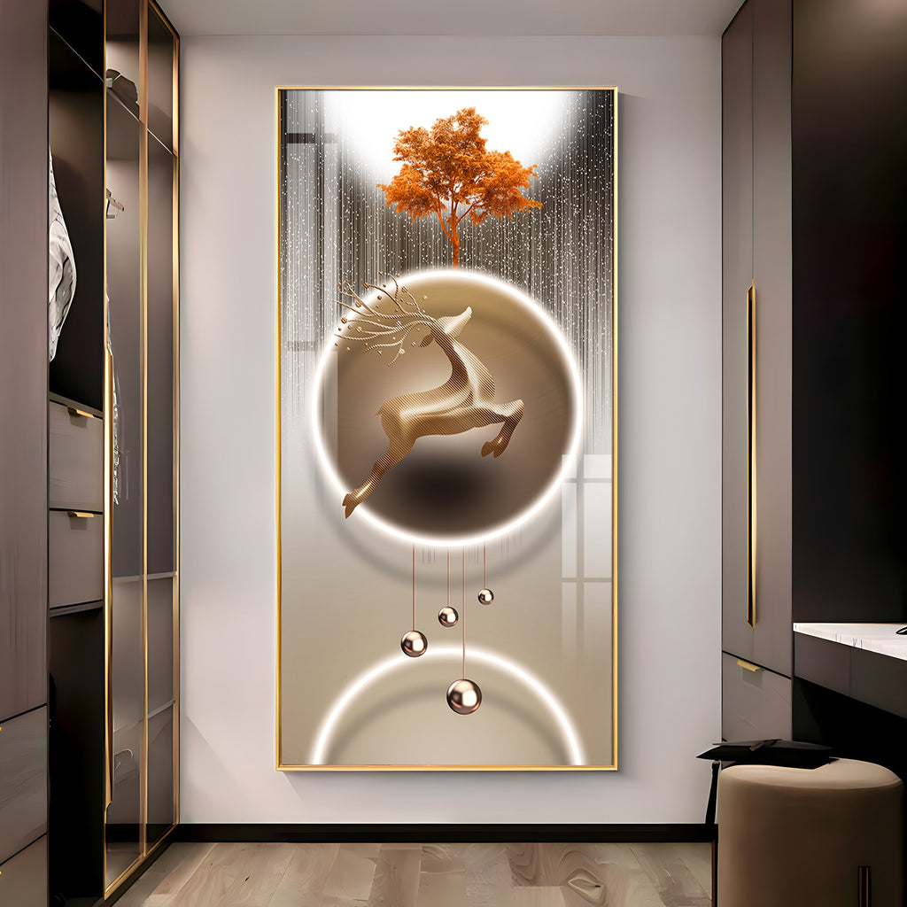 Golden Deer With Orange Tree Premium Acrylic Vertical Wall Art