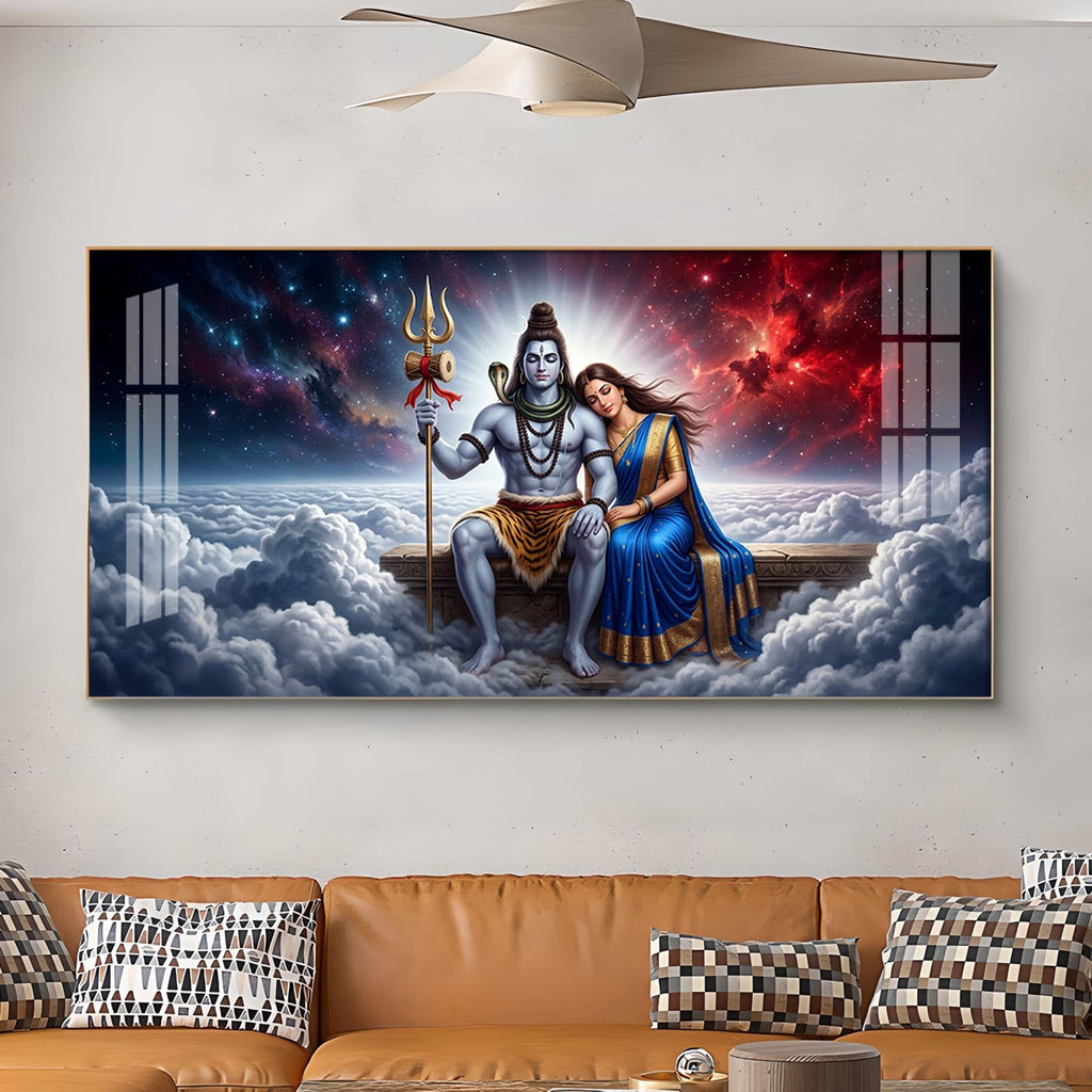 Depicts Lord Shiva & Goddess Parvati Glass Finish Horizontal Wall Art