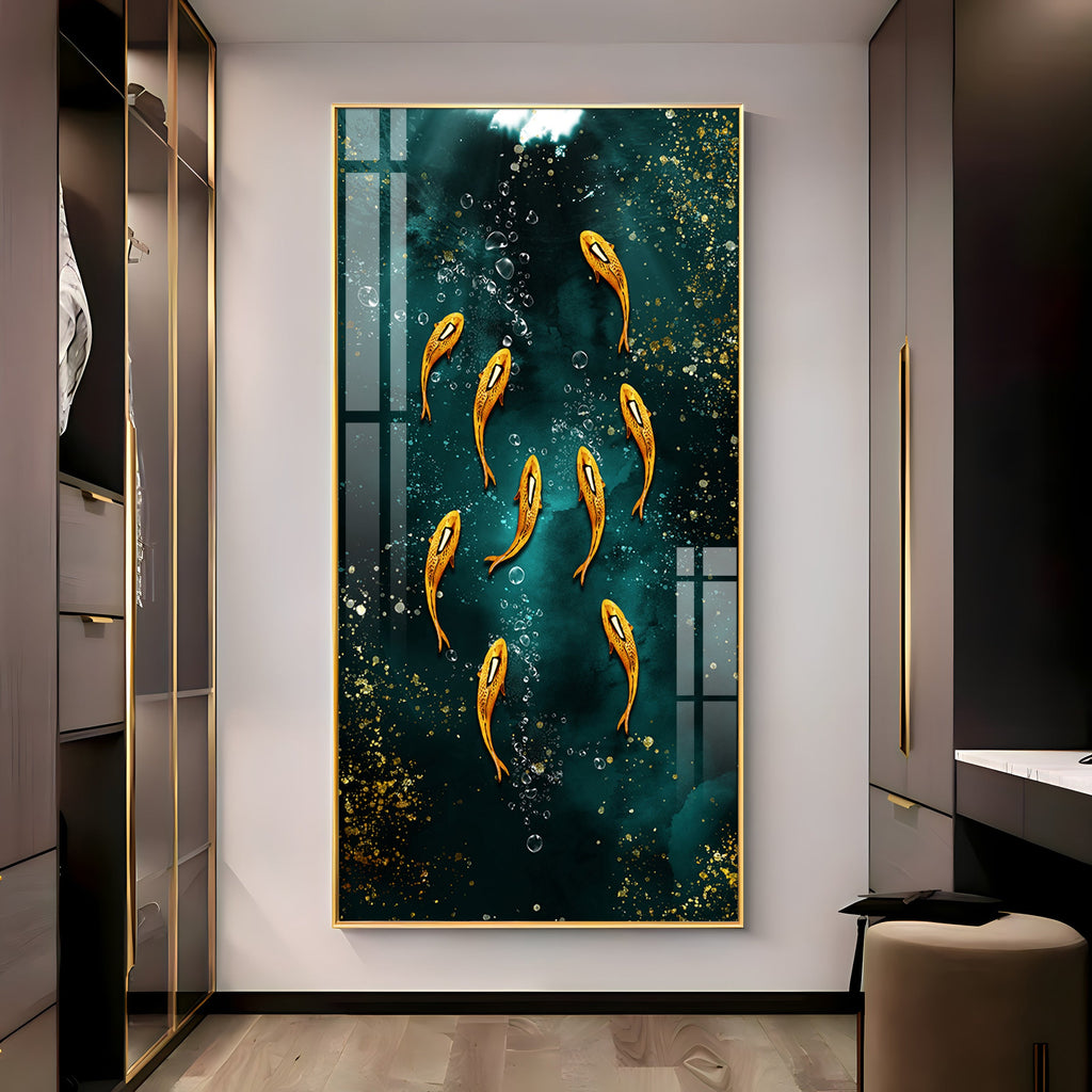 Golden Koi Fishes in Greenery Premium Acrylic Vertical Wall Art