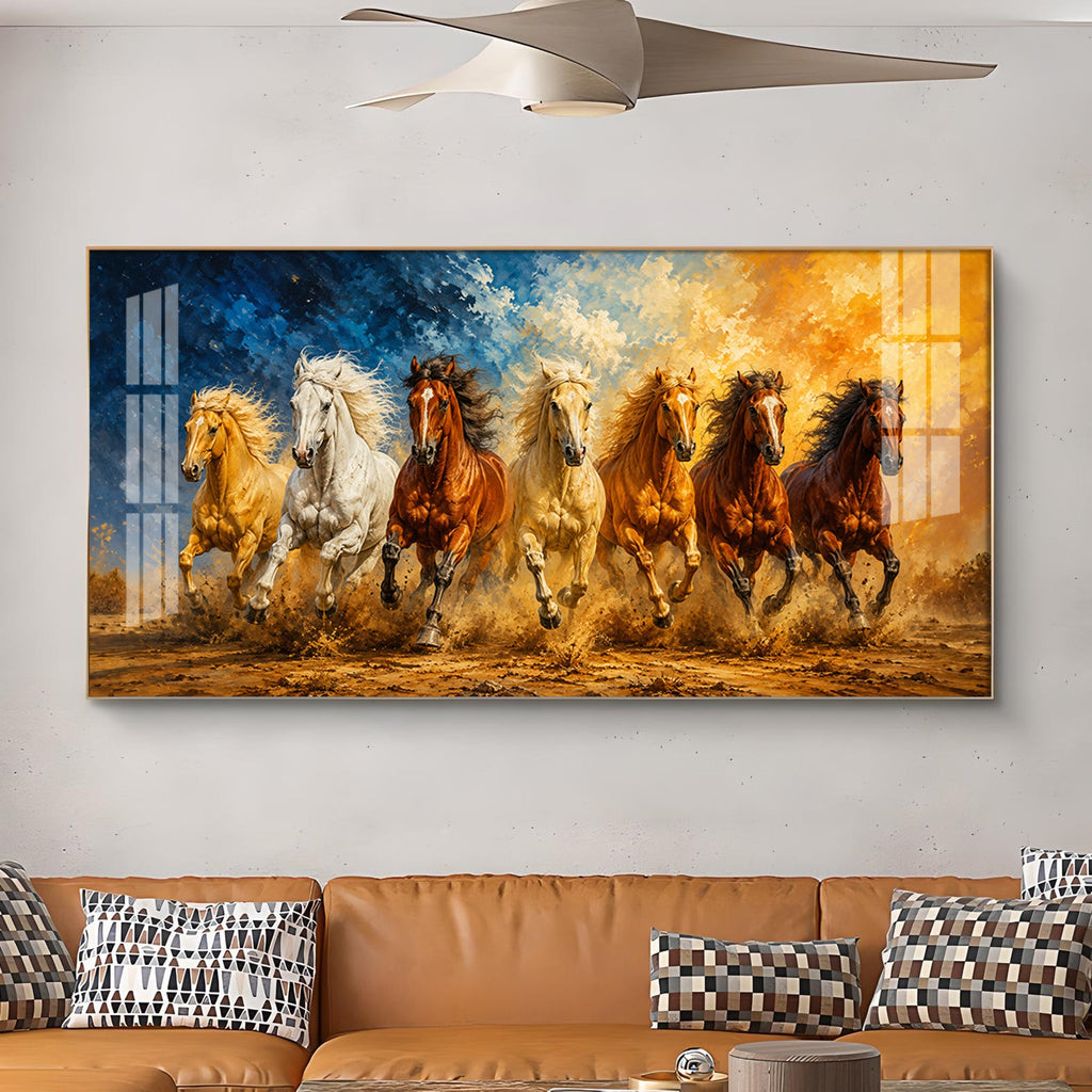 Seven Running Horses Glass Finish Horizontal Wall Art