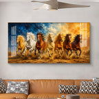 Seven Running Horses Glass Finish Horizontal Wall Art