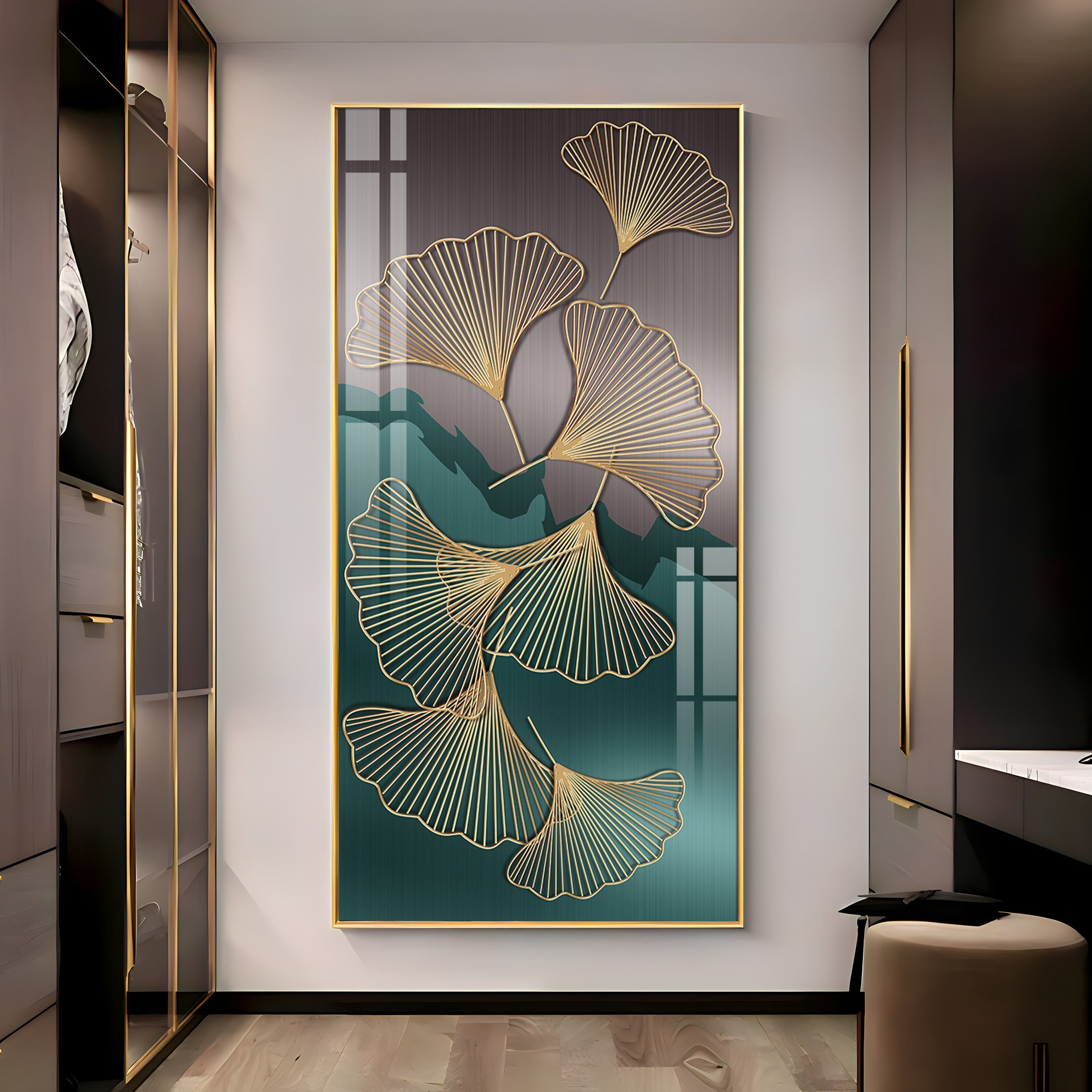 Golden Ginkgo Leaves With Dark green Premium Acrylic Vertical Wall Art