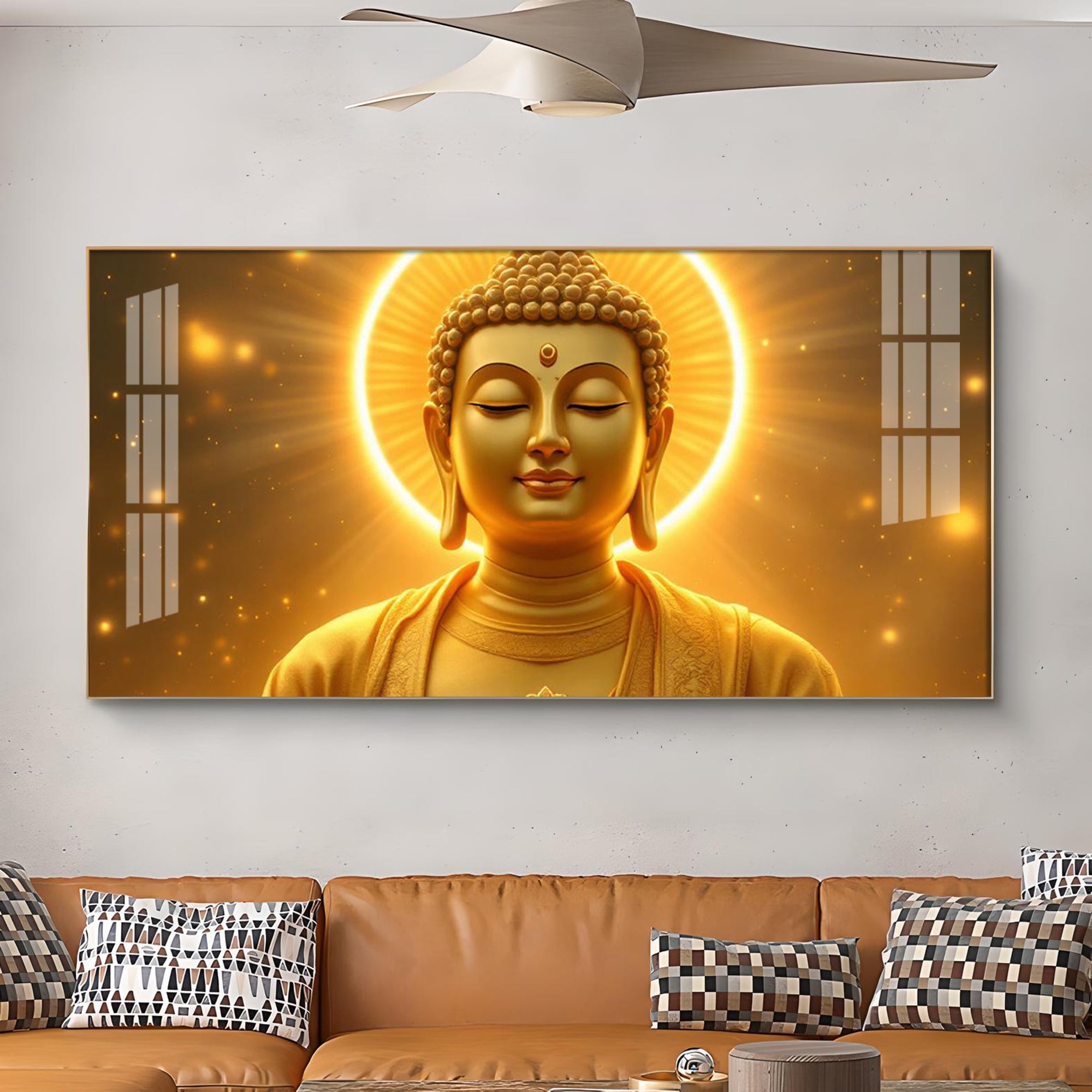 Divine Golden Buddha Glass Finish Horizontal Wall Art