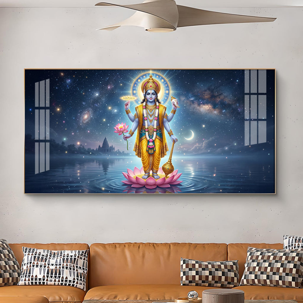 Vishnu Bhagwan Divine Universe Glass Finish Horizontal Wall Art