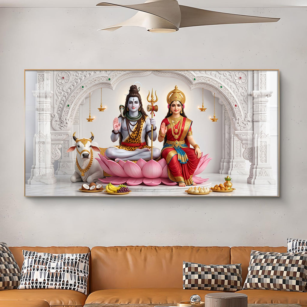Lord Shiva & Goddess Parvati Glass Finish Horizontal Wall Art