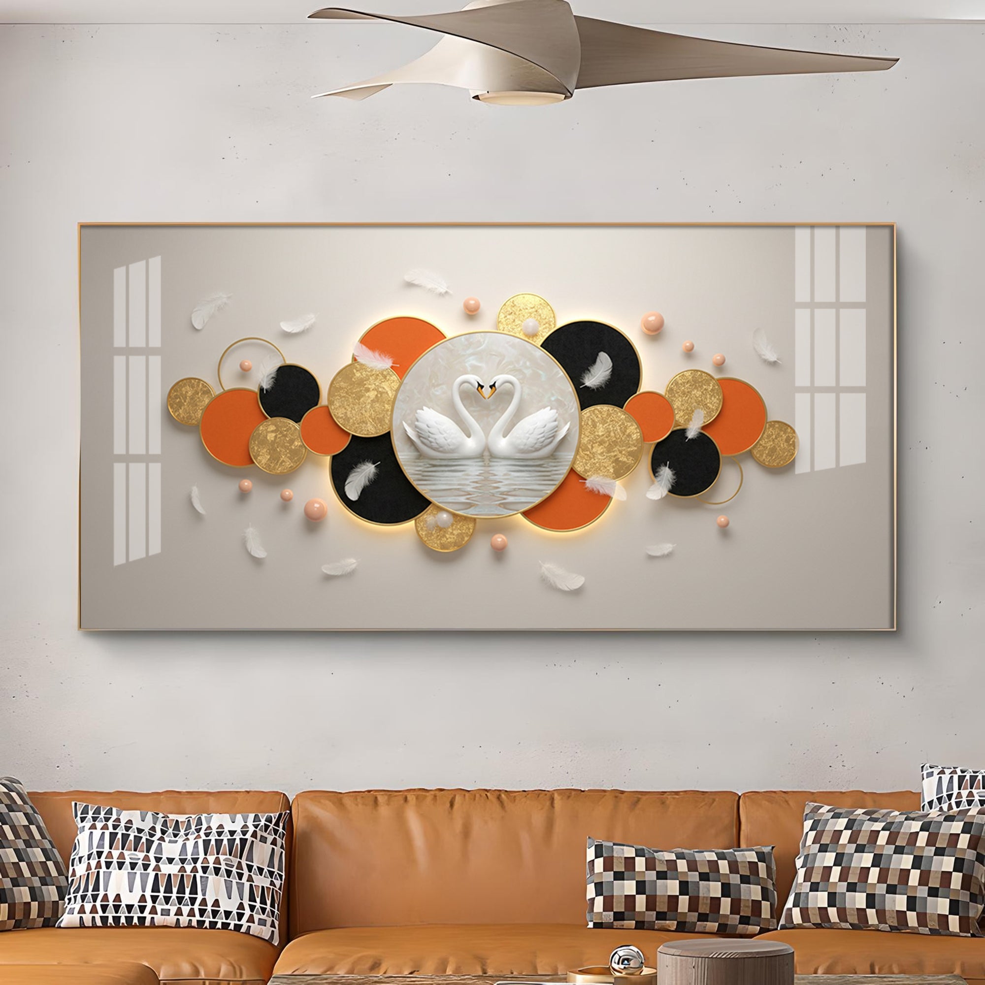 Pair Of White Swan Glass Finish Horizontal Wall Art