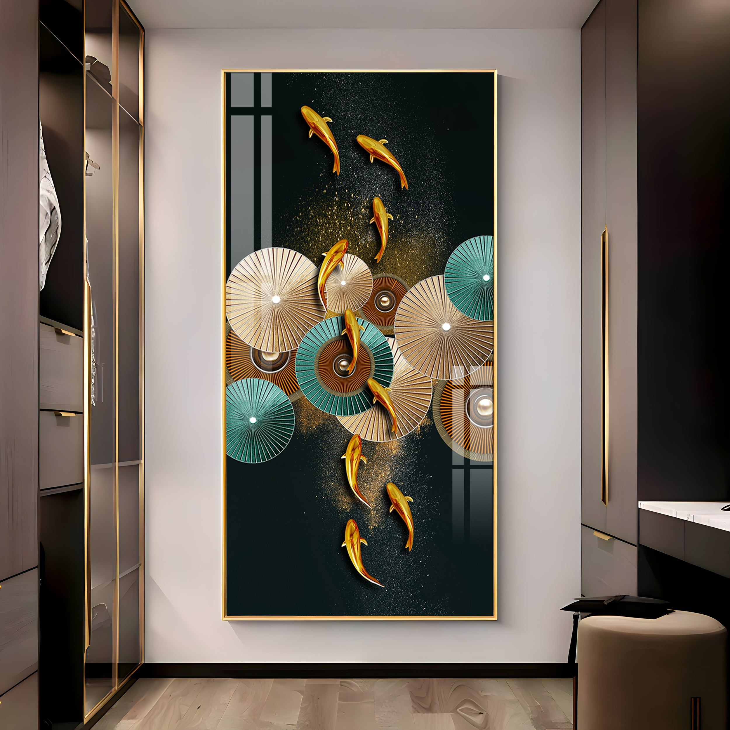 Koi Fish & Fan Designs Premium Acrylic Vertical Wall Art