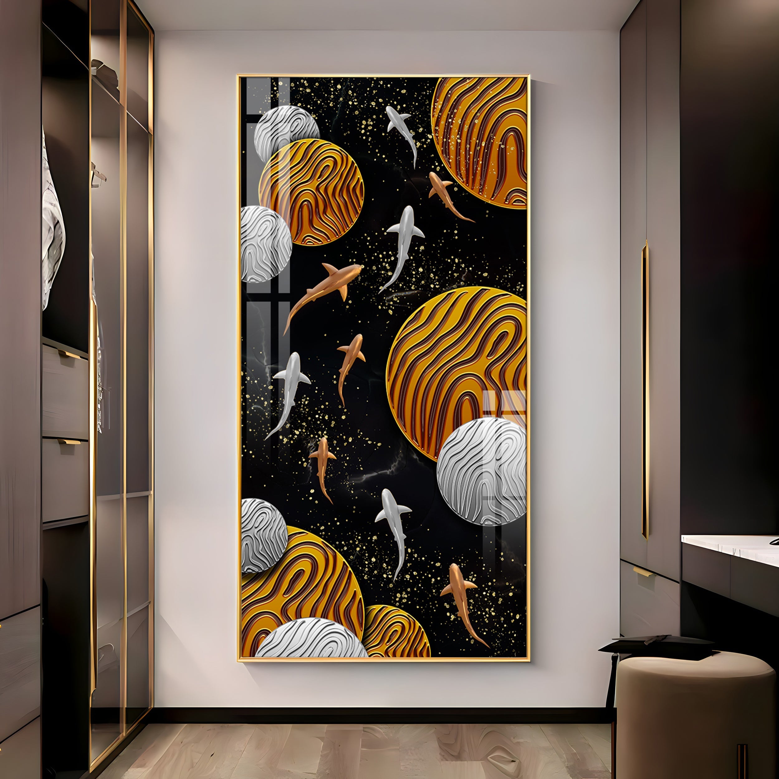Circular Shapes With Fish Premium Acrylic Vertical Wall Art