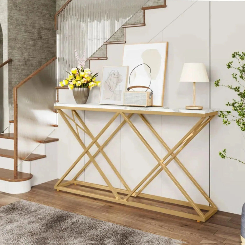 Golden Criss Cross Pattern Rectangular Shaped Designer Console Table - Decor Mantra 