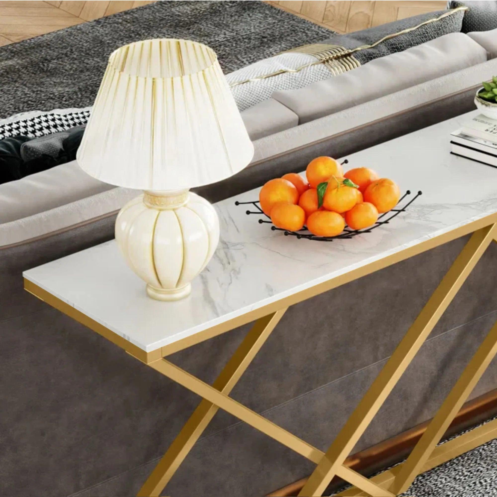 Golden Criss Cross Pattern Rectangular Shaped Designer Console Table - Decor Mantra 