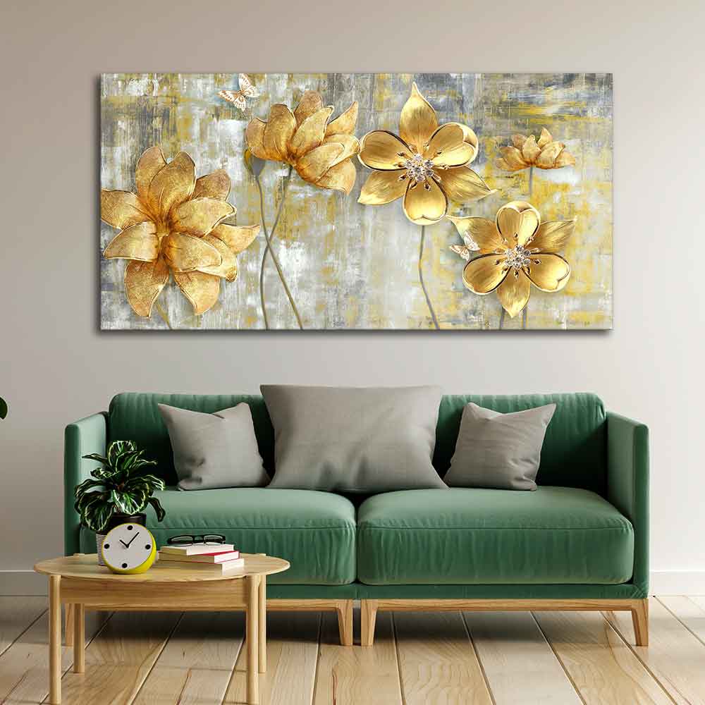 Golden Abstract Flowers Premium Wall Painting Decor Mantra