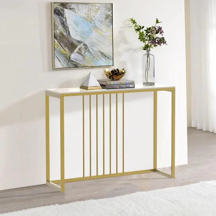 Golden Metallic Rectangular Shaped Designer Console Table - Decor Mantra 