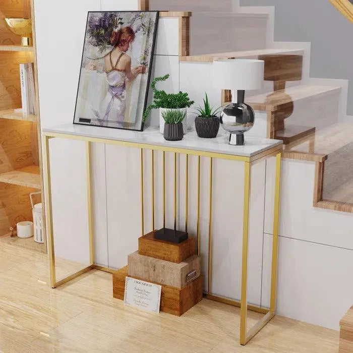 Golden Metallic Rectangular Shaped Designer Console Table - Decor Mantra 