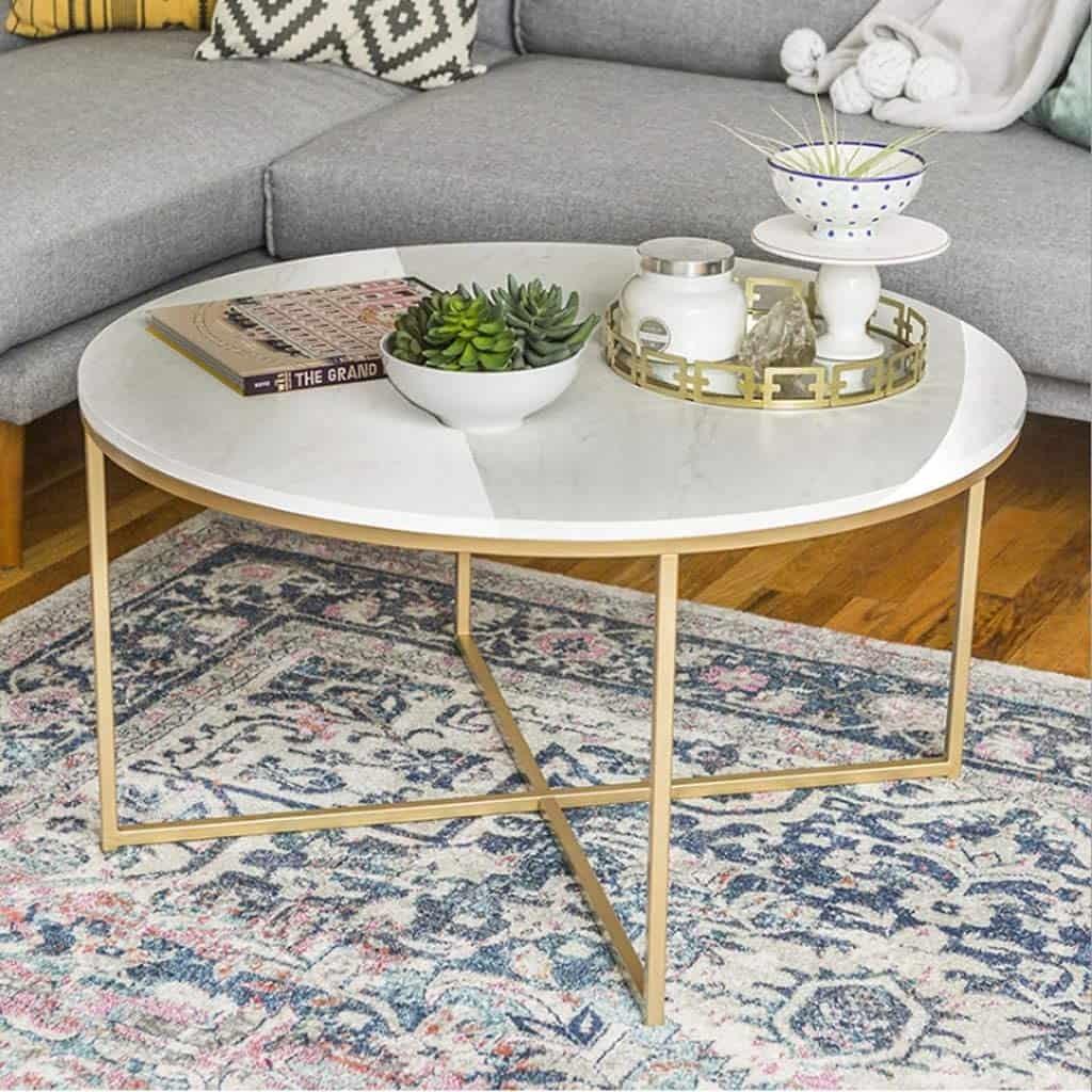 Golden Minimalist Metal Center Table in Criss Cross Design - Decor Mantra 
