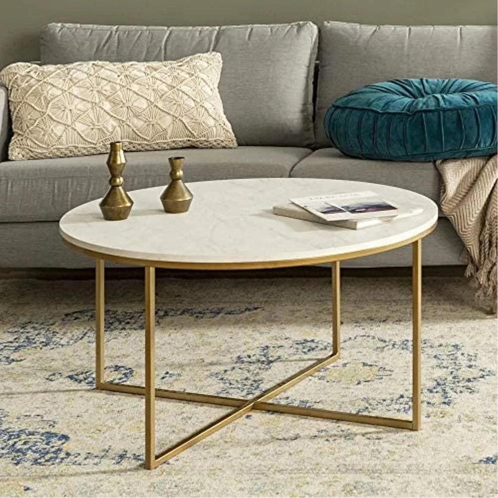 Golden Minimalist Metal Center Table in Criss Cross Design - Decor Mantra 
