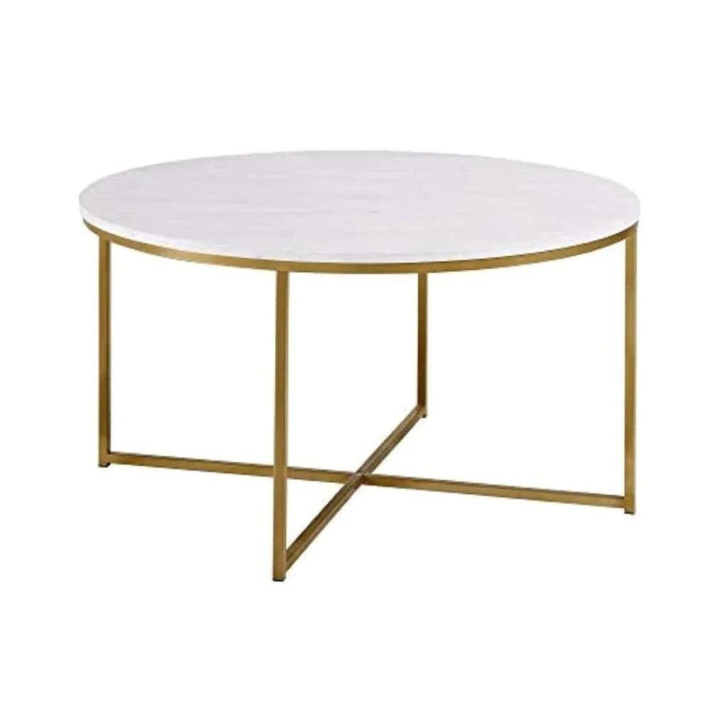 Golden Minimalist Metal Center Table in Criss Cross Design - Decor Mantra 