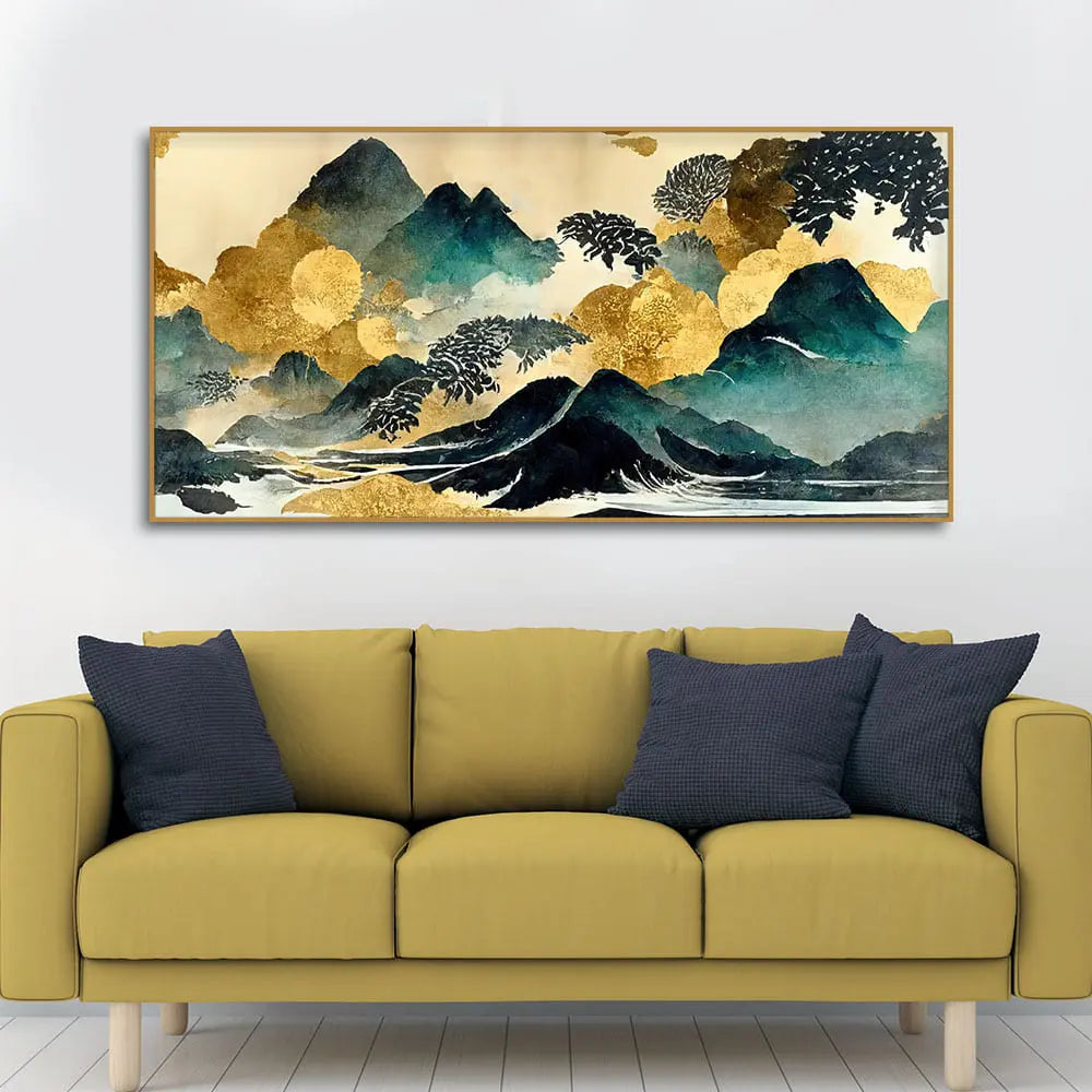Golden Mountain Scenery of Mount Fuji Premium Canvas Wall Painting Harshita Crafts