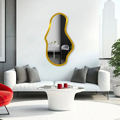 Golden Wavy Shaped Wooden Golden Finish Wooden Vanity Mirror - Decor Mantra 