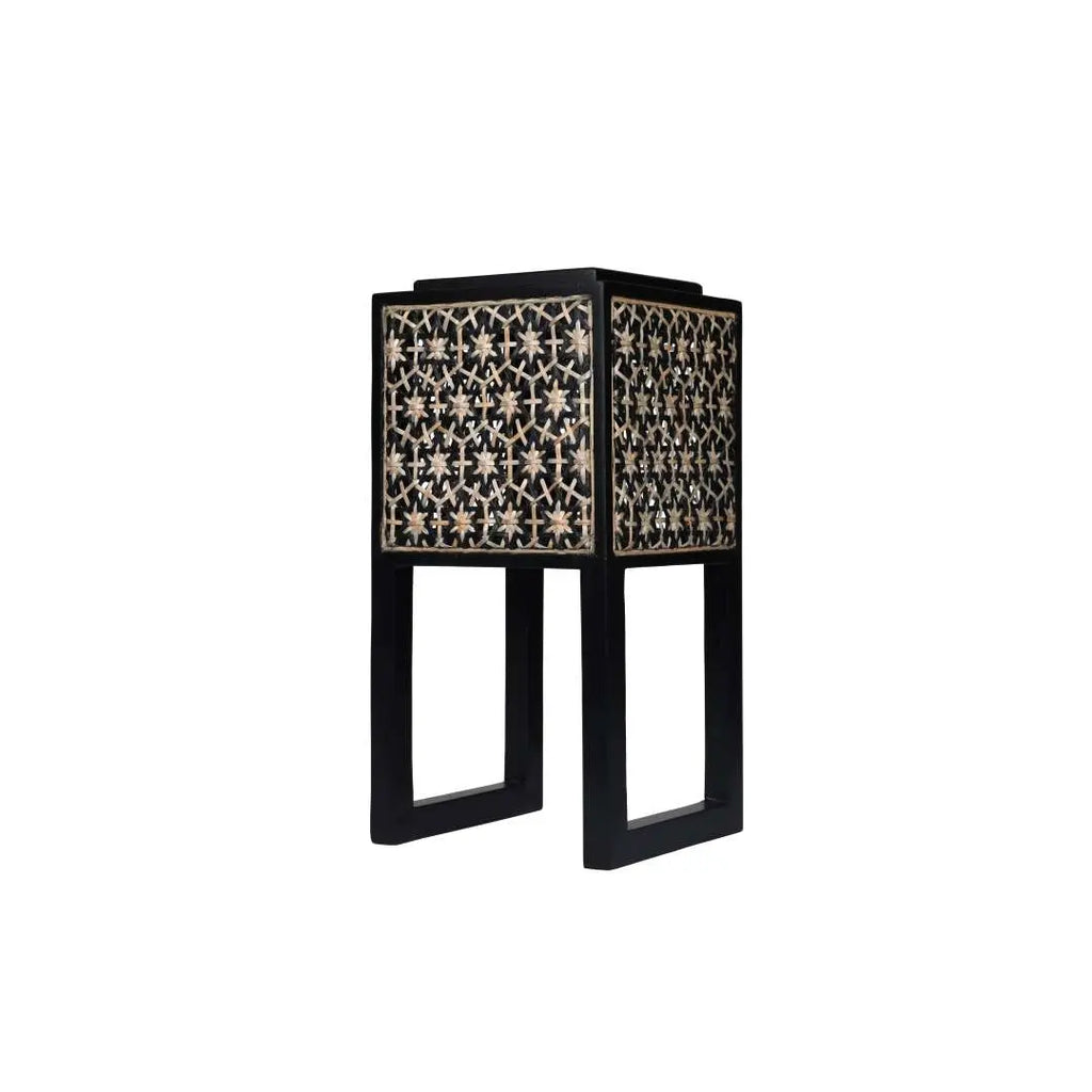 Handcrafted Teak Wood Table Lamp with Black Cane Shade DECORMANTRA